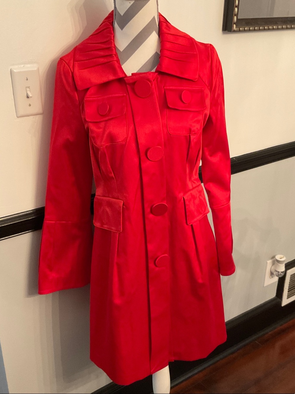 Women's Red Satin Trench Coat with Button Front